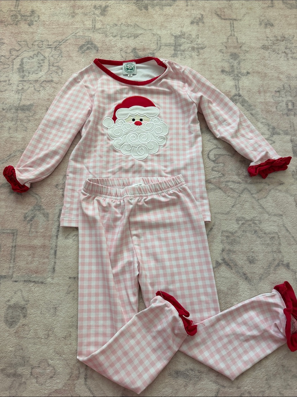 Girls Pink Gingham Santa Pajama Set with Red Trim